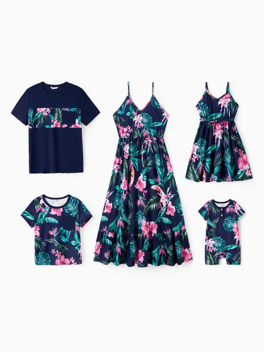 Family Matching Set Tee And Ruffled Hem Floral Strap Dress