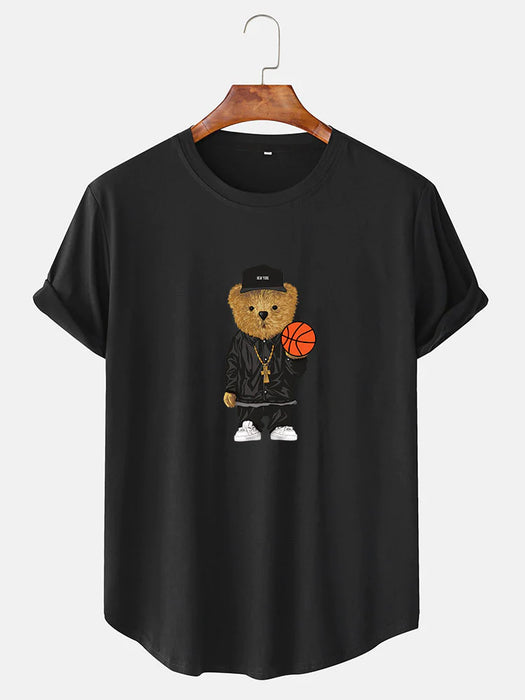 Basketball Bear Print Arc Hem T-Shirt