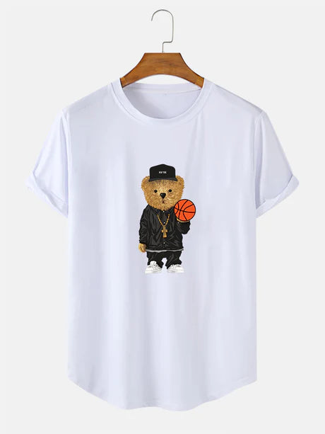 Basketball Bear Print Arc Hem T-Shirt