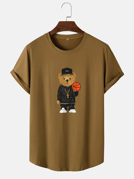 Basketball Bear Print Arc Hem T-Shirt