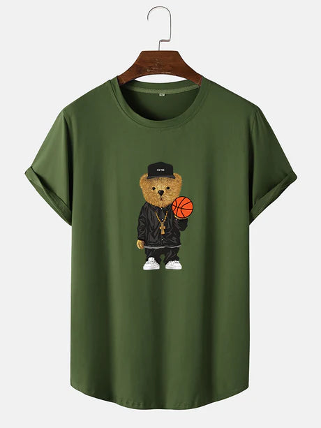 Basketball Bear Print Arc Hem T-Shirt