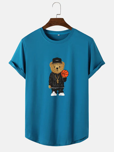 Basketball Bear Print Arc Hem T-Shirt