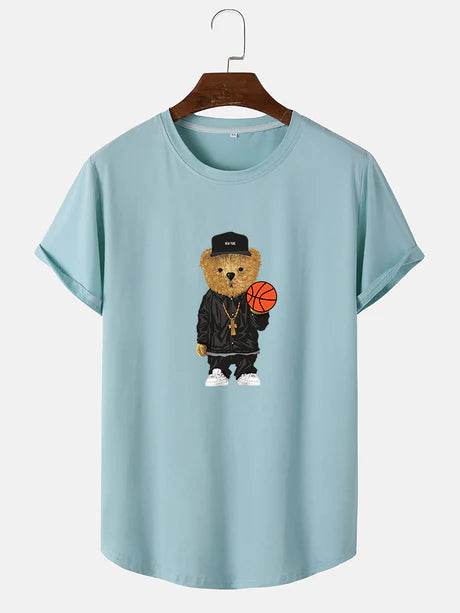 Basketball Bear Print Arc Hem T-Shirt