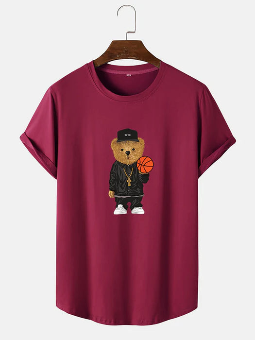 Basketball Bear Print Arc Hem T-Shirt