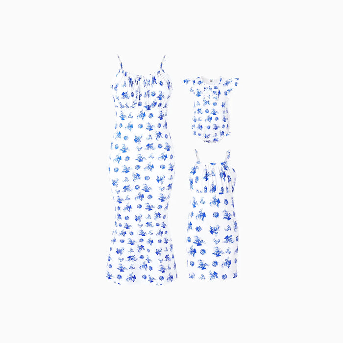 Mommy And Me Floral Ruched Mermaid Dresses Family Matching Set