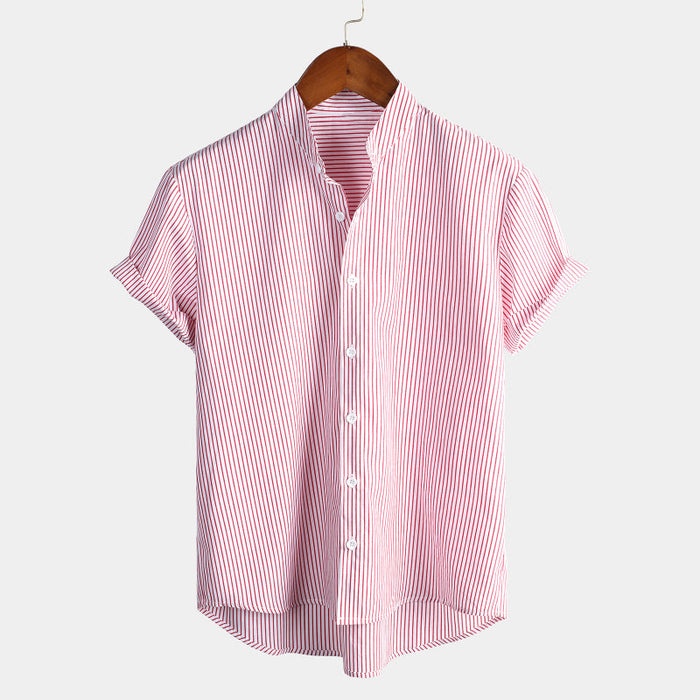 Stand Collar Short Sleeve Striped Classic Shirts