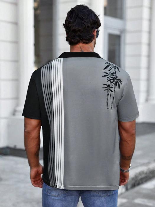 Striped And Palm Tree Print Polo Shirt