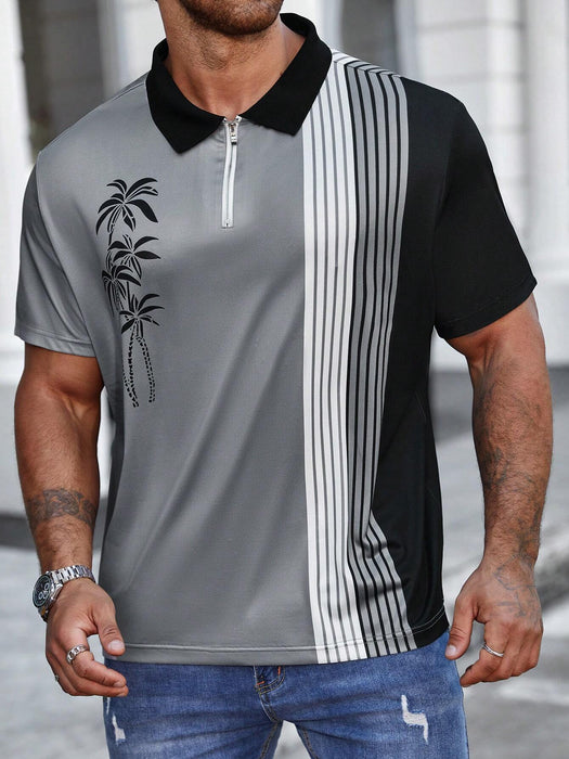 Striped And Palm Tree Print Polo Shirt