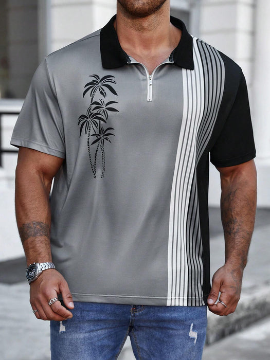 Striped And Palm Tree Print Polo Shirt