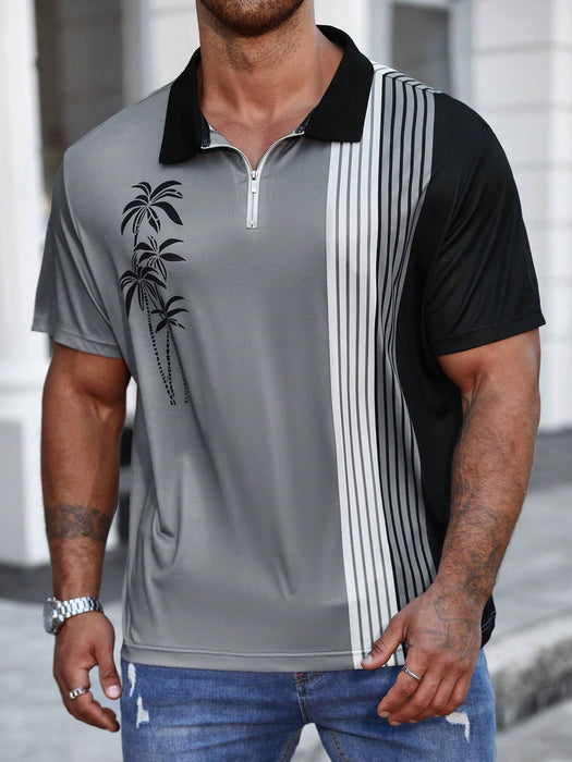 Striped And Palm Tree Print Polo Shirt