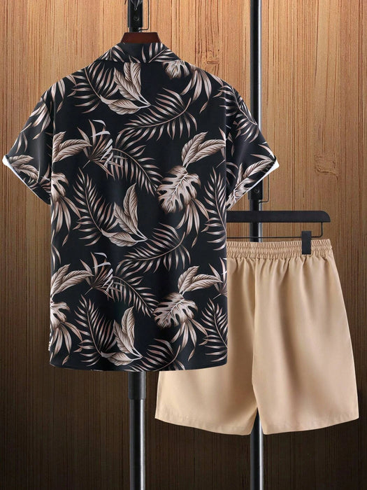 Tropical Print Shirt And Drawstring Shorts Without Tee