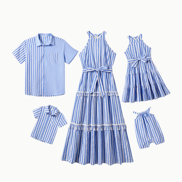 Family Matching Stripe Shirt And Halter Tassel Dress Sets