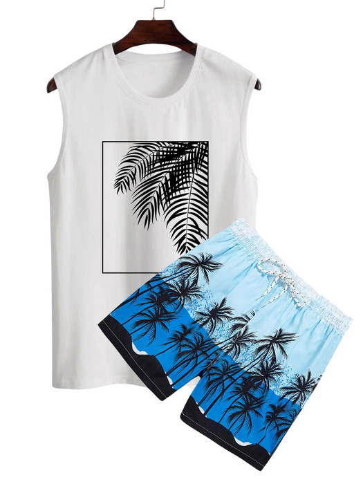 Palm Leaf Print Tank Top And Shorts