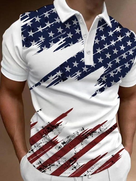 Retro Flag Print Casual Polo Shirt