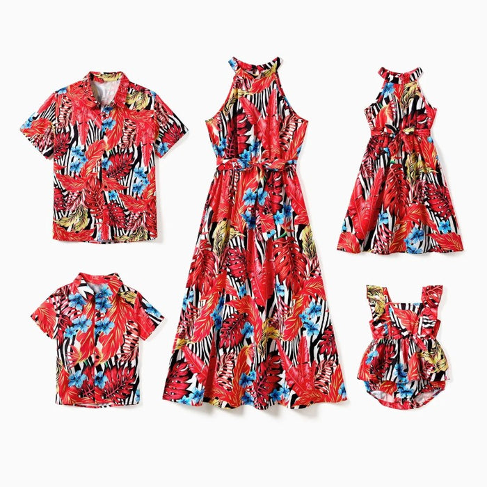 Family Matching Zebra Stripe Shirt And Halter Dress Sets