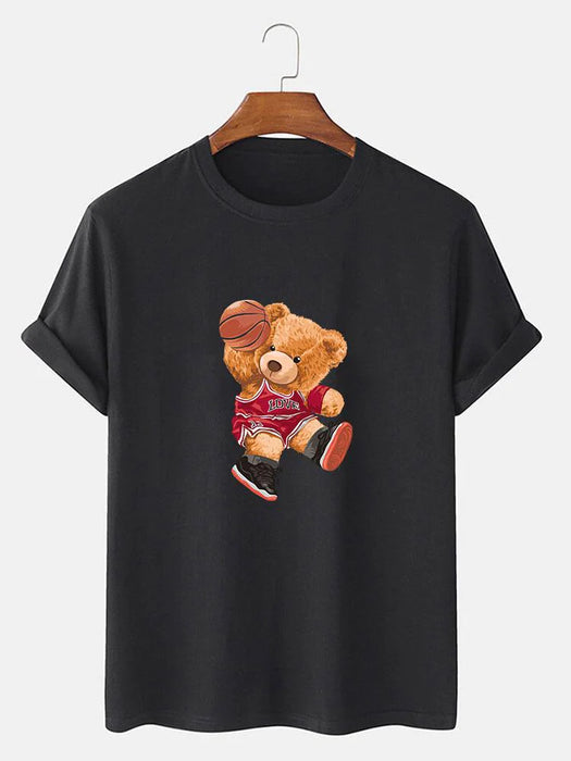 Bear Playing Basketball Print T-Shirt